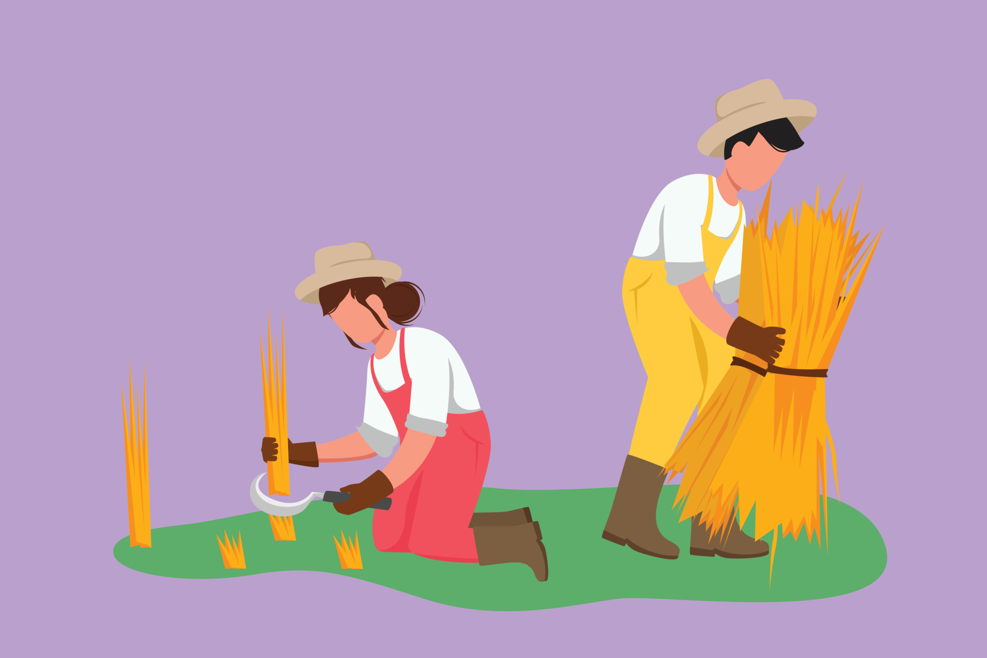 Cartoon flat style drawing happy couple farmers harvesting rice and there is also rice that has been tied up. Harvest season in rural rice fields. Success farming. Graphic design vector illustration 15087718 Cartoon flat style drawing happy couple farmers harvesting rice and there is also rice that has been tied up. Harvest season in rural rice fields. Success farming. Graphic design vector illustration 15087718