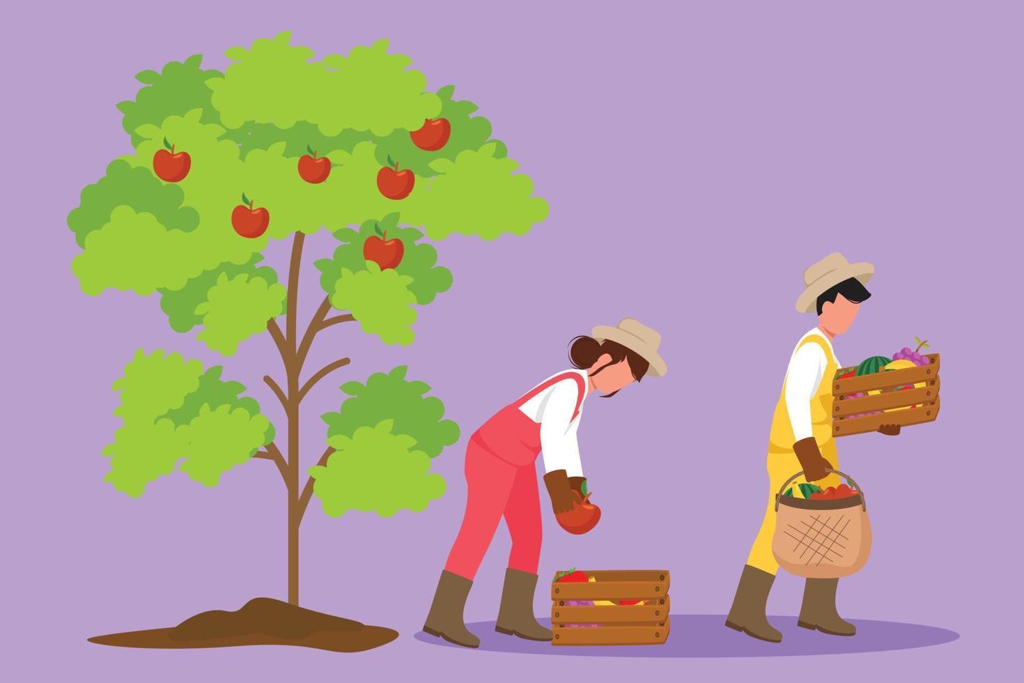 personaje de dibujo plano pareja de agricultores que llevan una cesta llena de fruta en sus manos. abundantes rendimientos de las plantaciones en el campo. concepto de cultivo exitoso. ilustración vectorial de diseño de dibujos animados vector