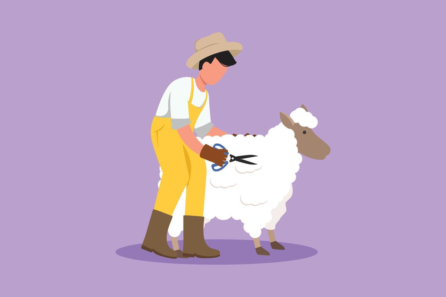 Graphic flat design drawing happy male farmer shears sheep to make sweaters. Results of sheep farming in countryside. Livestock worker activities. Successful farming. Cartoon style vector illustration