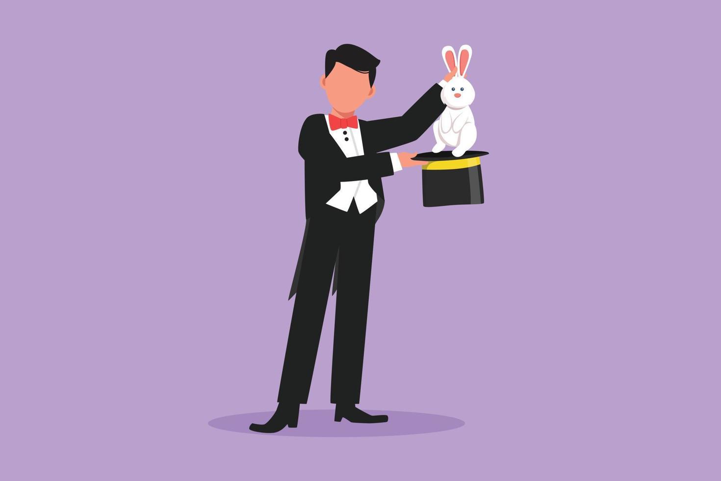 Cartoon flat style drawing male magician puts on show by getting rabbit out of his magic hat. Very impressive magic show that night. Success business entertainment. Graphic design vector illustration