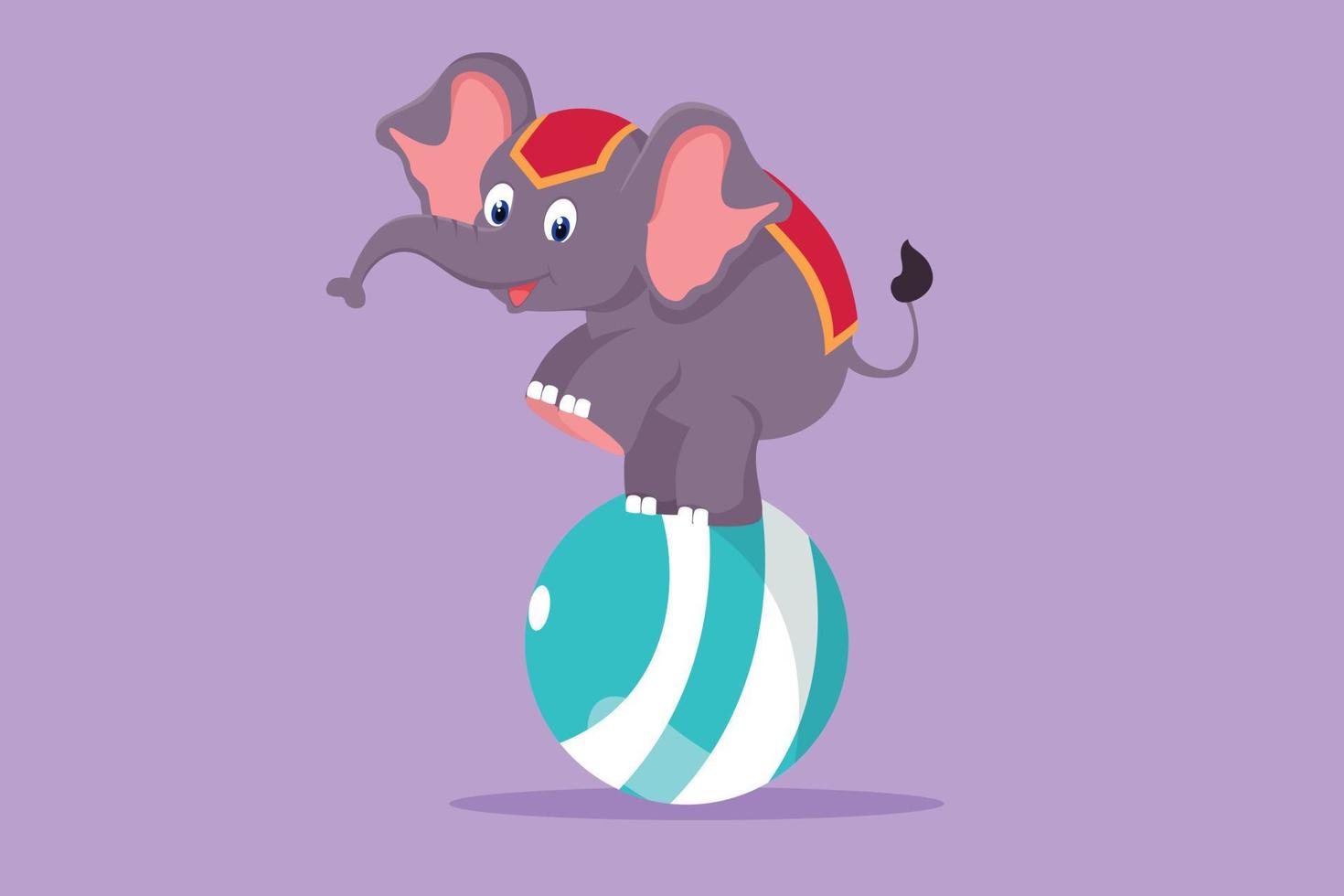 Character flat drawing of cute trained elephant stands on ball with its forelegs raised. Very good performance and successful circus show. Animal show entertainment. Cartoon design vector illustration