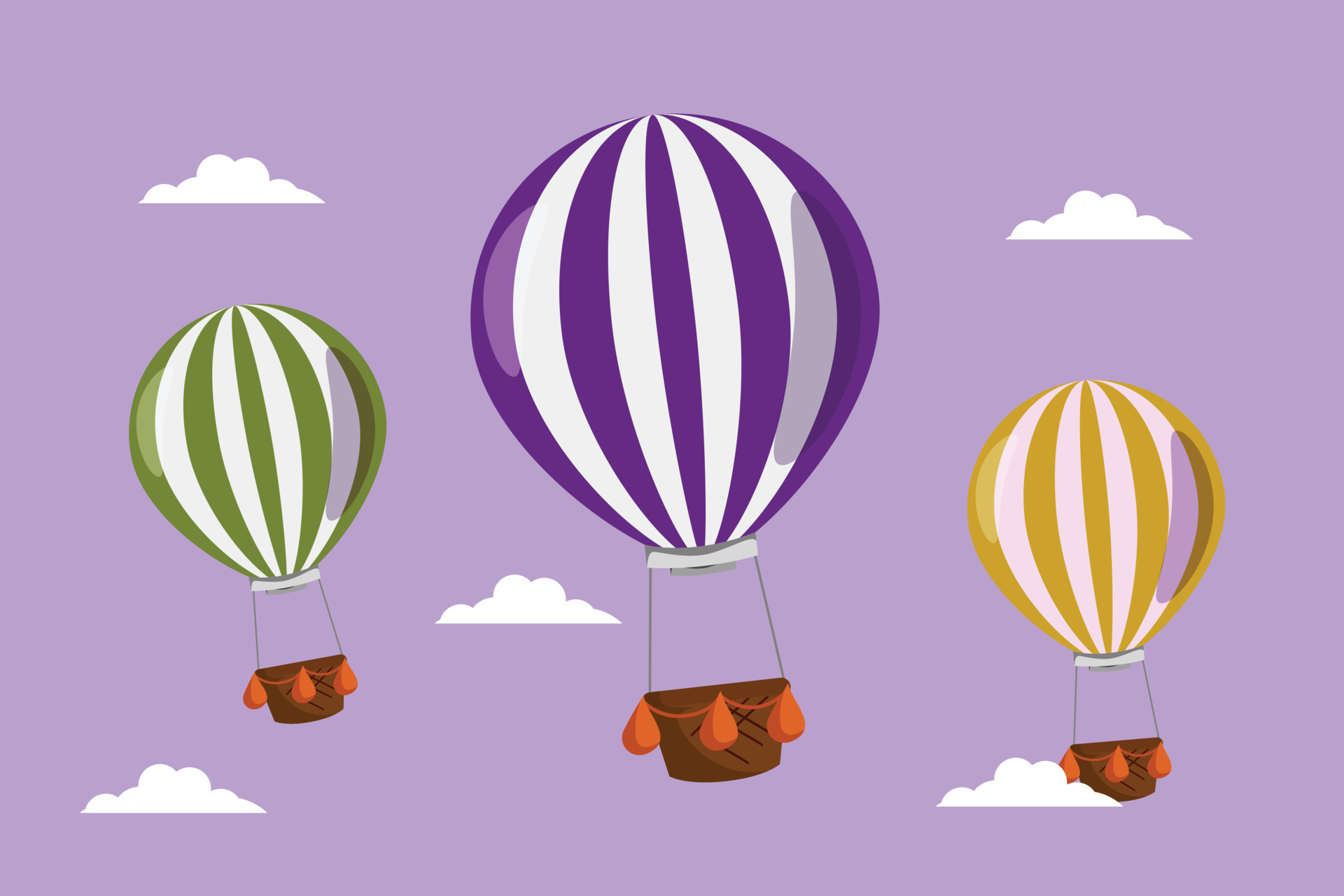 Character flat drawing of three colorful hot air balloon with stripe