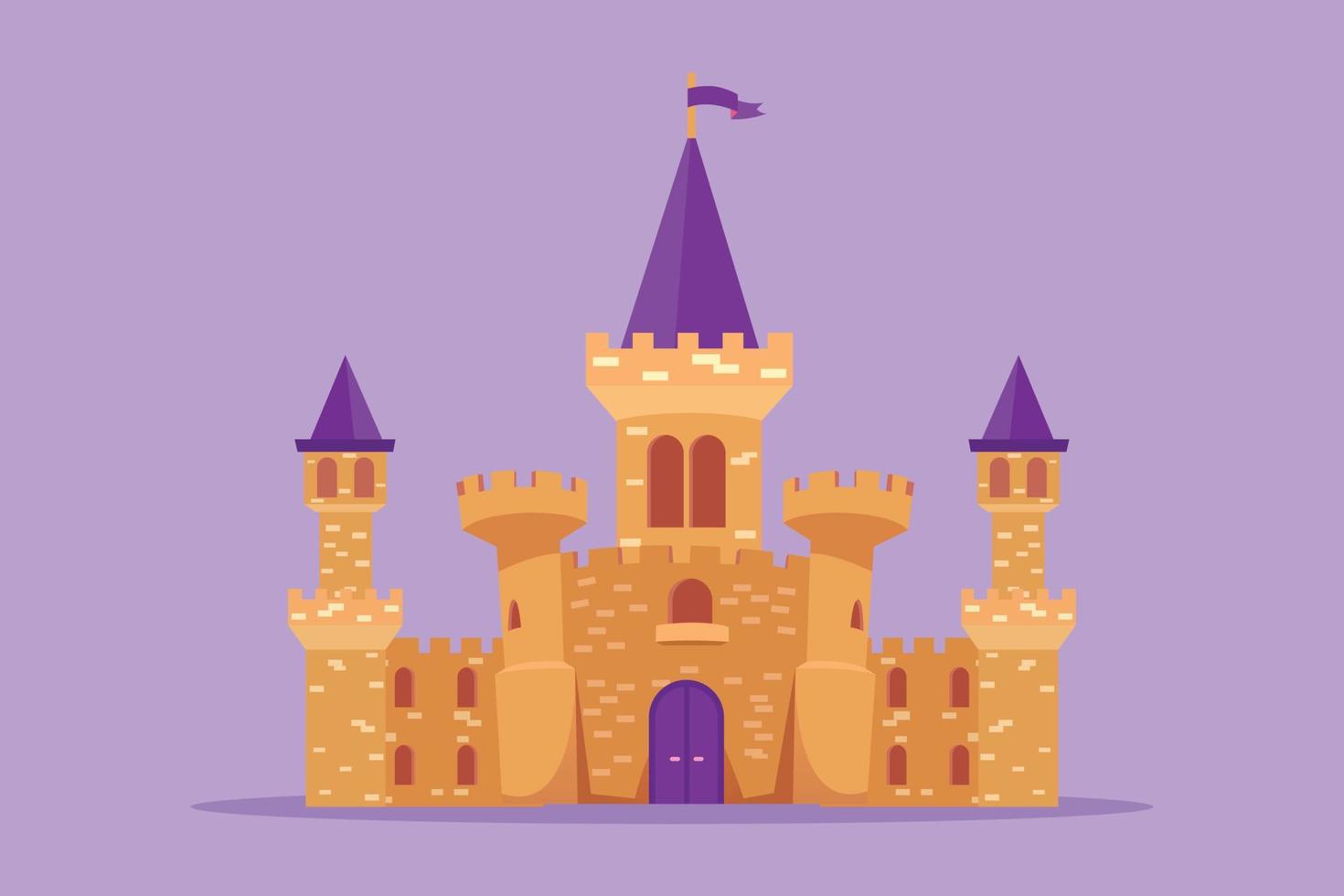 Graphic flat design drawing castle in amusement park with five towers and one flag above it. Palace where happy royal family lived. Imagination of fairytale building. Cartoon style vector illustration