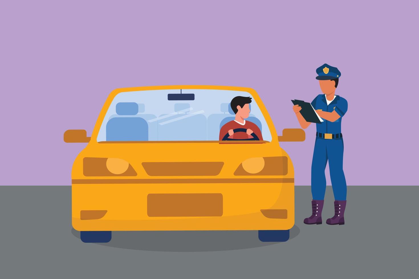 Cartoon flat style drawing policeman with uniform is ticketing a driver who uses a car for violating traffic signs. Regulations enforcement on roadway concept. Graphic draw design vector illustration