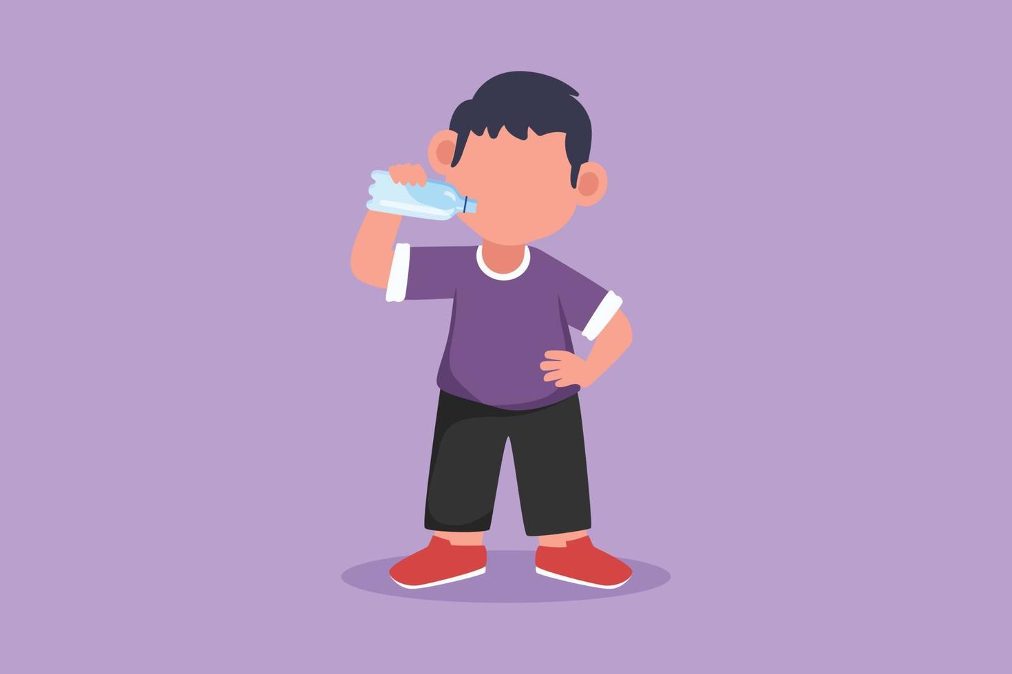 Cartoon flat style drawing little boy standing while holding and enjoying bottle of fresh milk to fulfill his body nutrition. Child or kid health and growth concept. Graphic design vector illustration