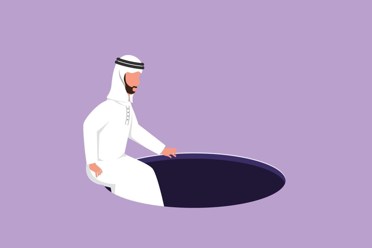dibujo de estilo plano de dibujos animados hombre de negocios árabe desciende al agujero. concepto de fracaso para aprovechar las oportunidades de negocio. depresión y fracaso empresarial. ilustración vectorial de diseño gráfico vector
