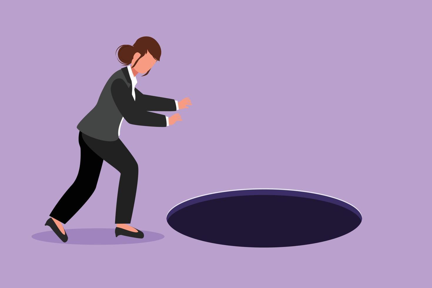 Graphic flat design drawing businesswoman looking at black hole. Manager wondering and looking at big hole, business concept in opportunity, exploration or challenge. Cartoon style vector illustration