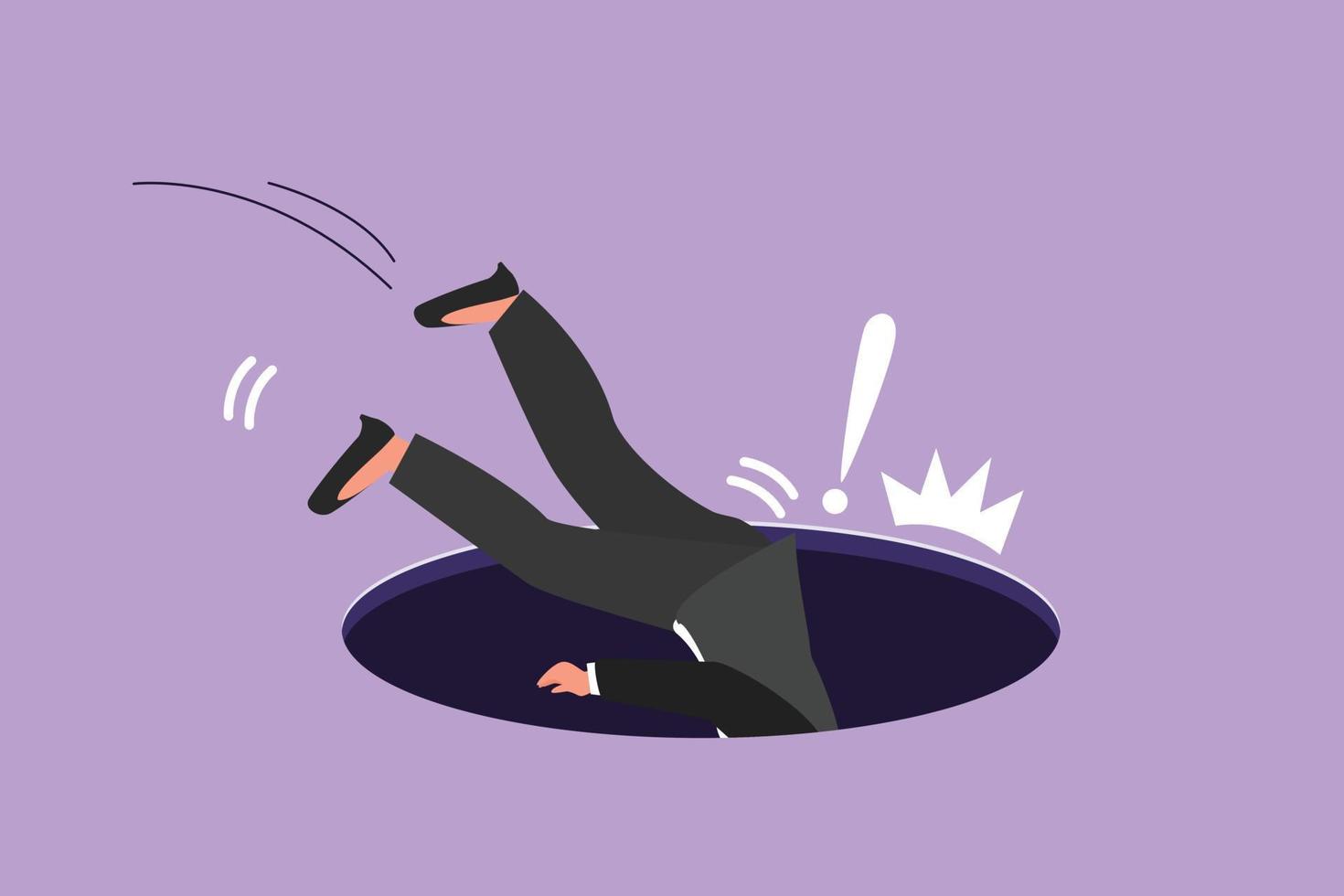 Character flat drawing of businesswoman falling into pit hole. Legs up. Logo protruding legs from hatch, puddles. Business failure metaphor. Defeated worker concept. Cartoon design vector illustration