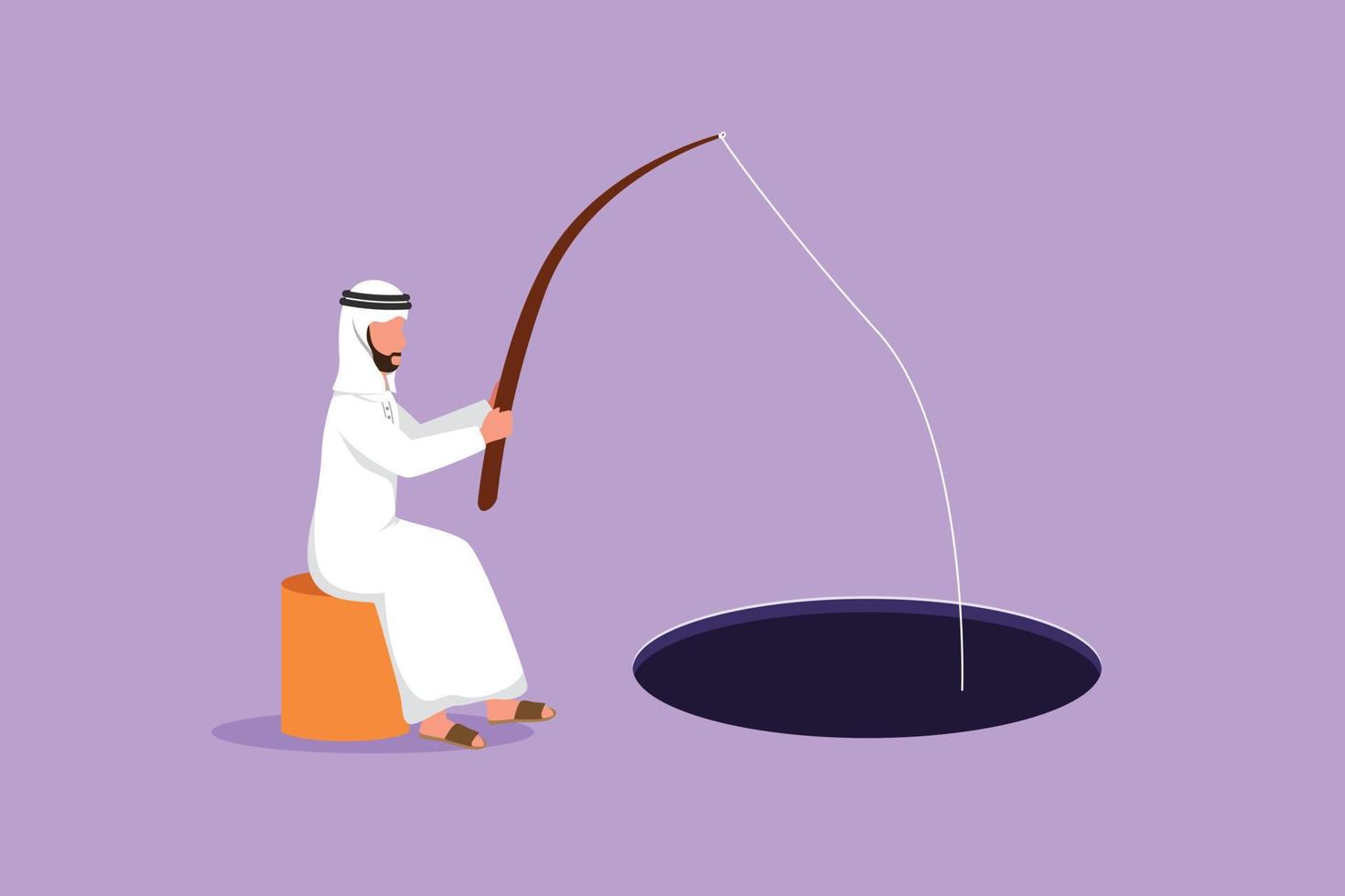 Character flat drawing Arab businessman sitting and holding fishing rod from hole. Male manager fishing with rod. Business investment metaphor. Make money from idea. Cartoon design vector illustration