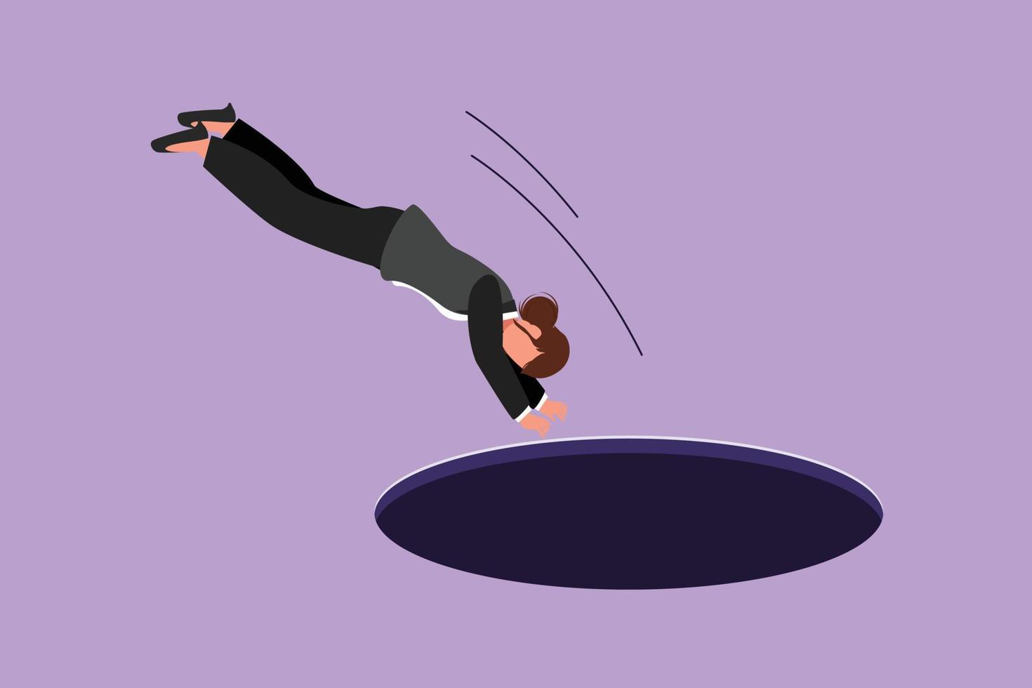 Character flat drawing of young businesswoman jump into hole. Concept of failure to take advantage of business opportunities. Depressed and business failure ideas. Cartoon design vector illustration