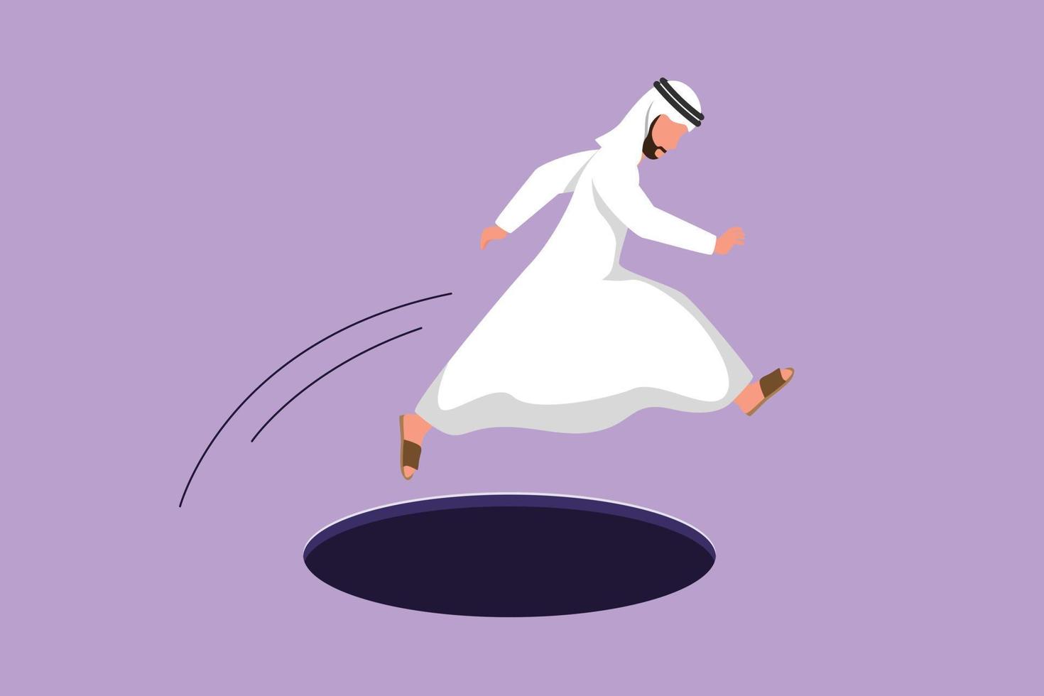 Graphic flat design drawing Arabian businessman jumping through hole, metaphor to facing big problem. Business struggles in market competition. Strength for success. Cartoon style vector illustration