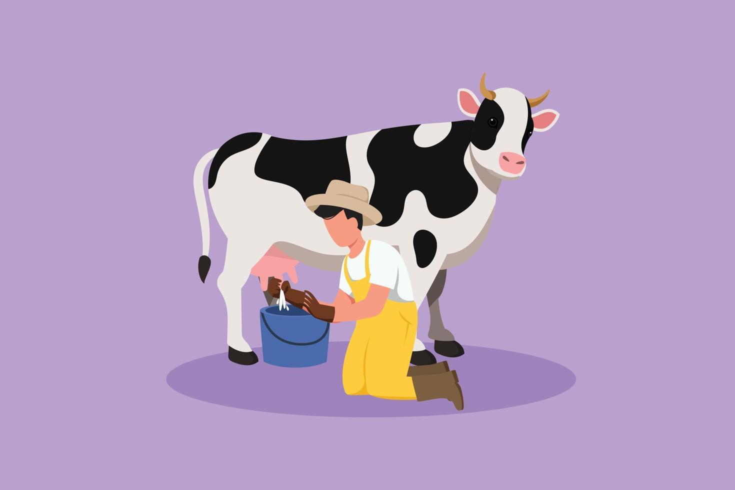 Character flat drawing young male farmer milking a cow in the bucket. Breeding cows. Ranch or farm. Livestock or cattle. Production of dairy products at the meadow. Cartoon design vector illustration