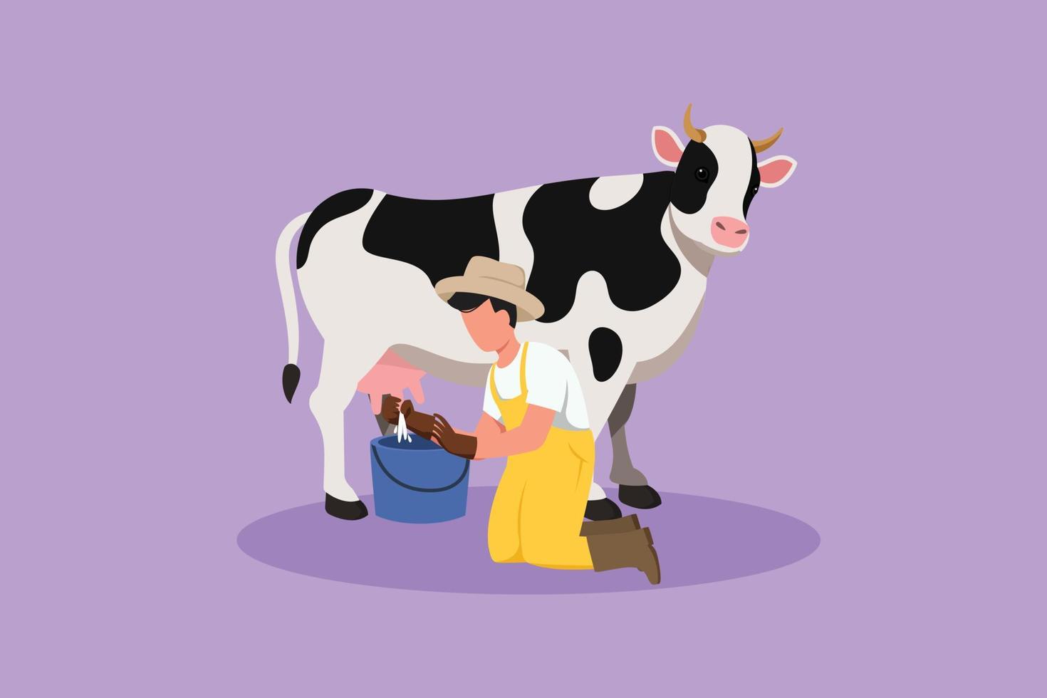 personaje plano dibujo joven agricultor ordeñando una vaca en el balde. vacas reproductoras. rancho o granja. ganado o ganado. producción de productos lácteos en el prado. ilustración vectorial de diseño de dibujos animados vector