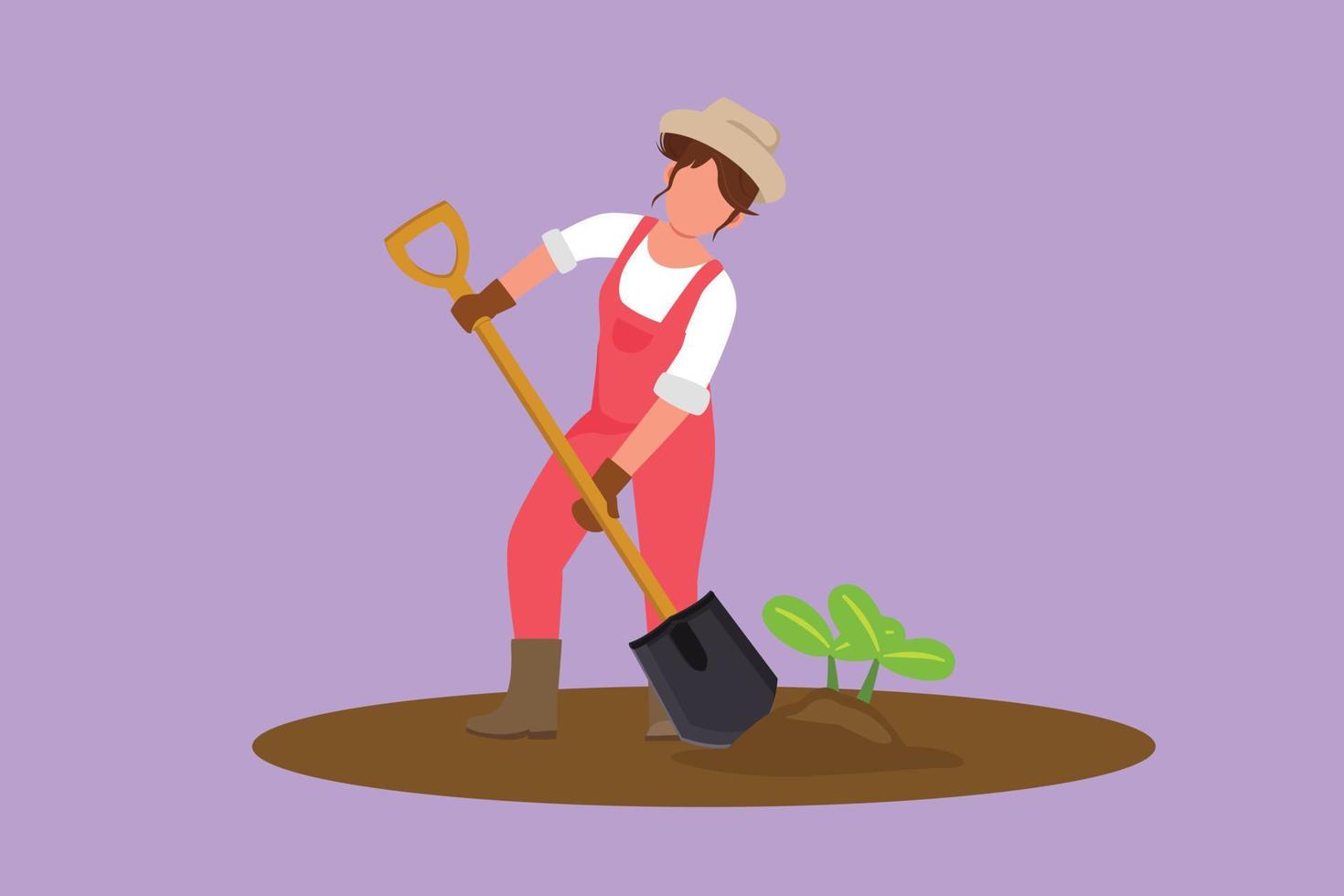 Character flat drawing young female farmer shoveled the soil with the plants using a shovel. Farming challenge at rural or countryside. Planting new plants concept. Cartoon design vector illustration