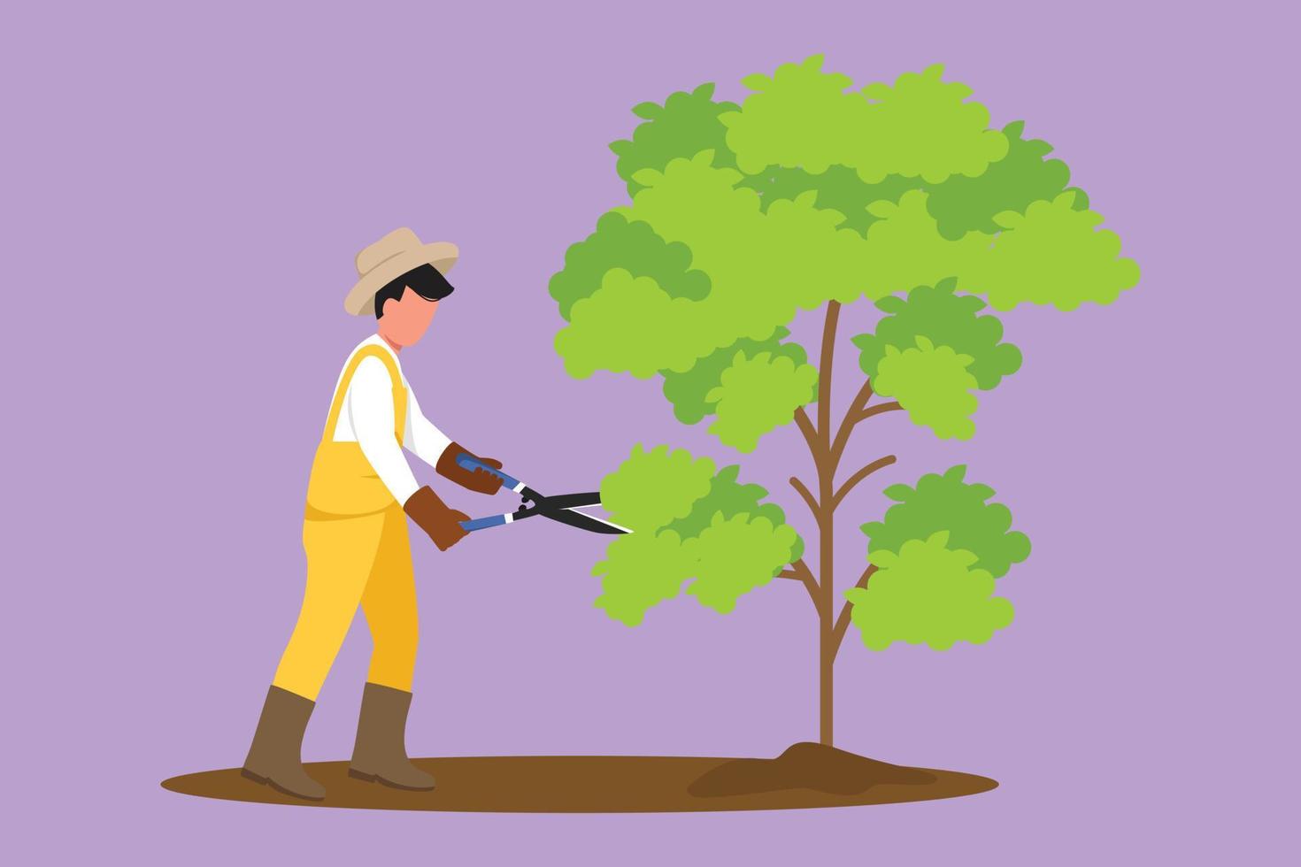 Cartoon flat style drawing gardener trims plant in garden, man cutting tree in park. Pruning shears for cutting foliage, worker shaping garden, planting and growing. Graphic design vector illustration