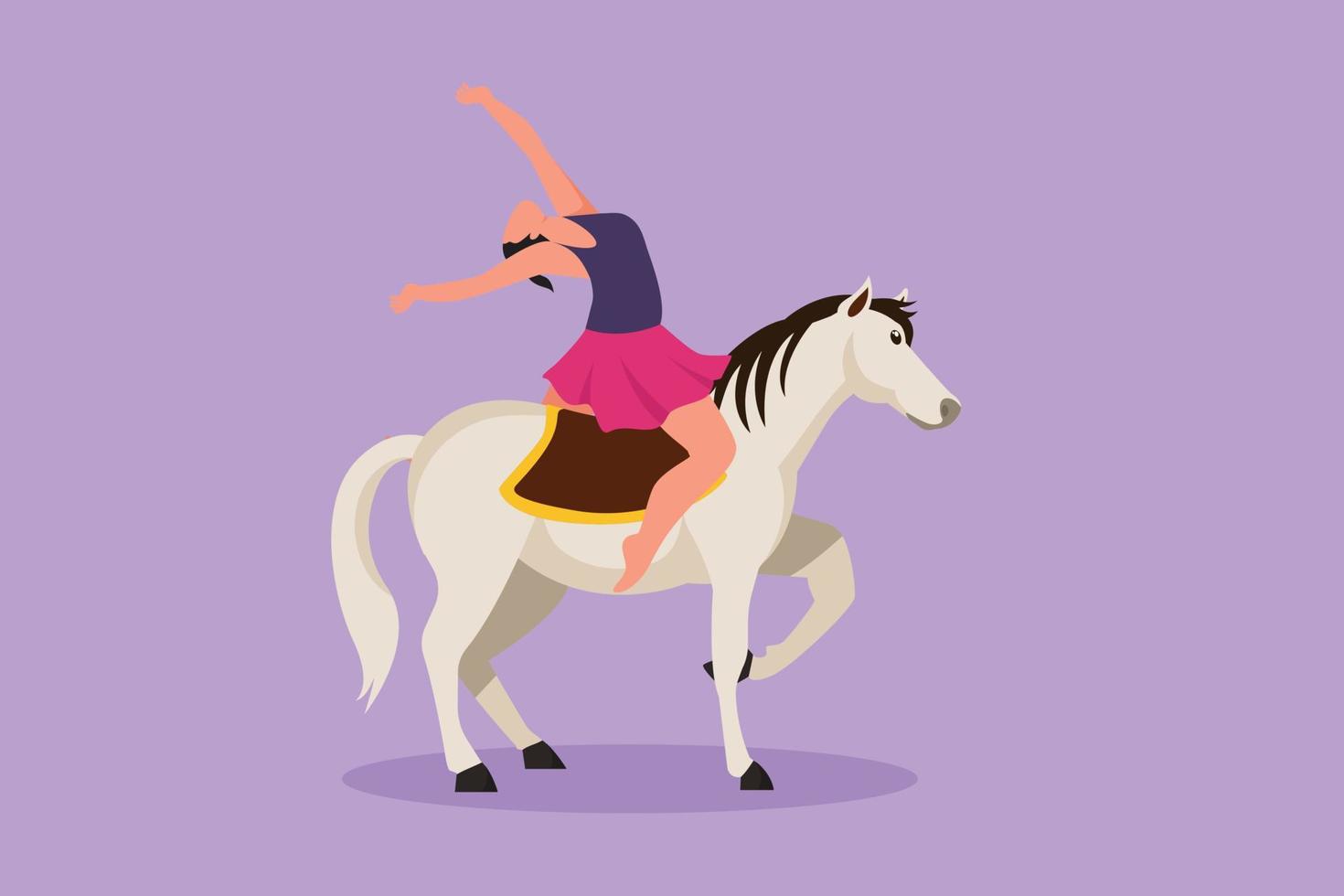 el acróbata femenino de dibujo plano del personaje actúa en un caballo de circo mientras baila a caballo y levanta la mano. el caballo se une al baile. entretenimiento de eventos de espectáculos de circo. ilustración vectorial de diseño de dibujos animados vector