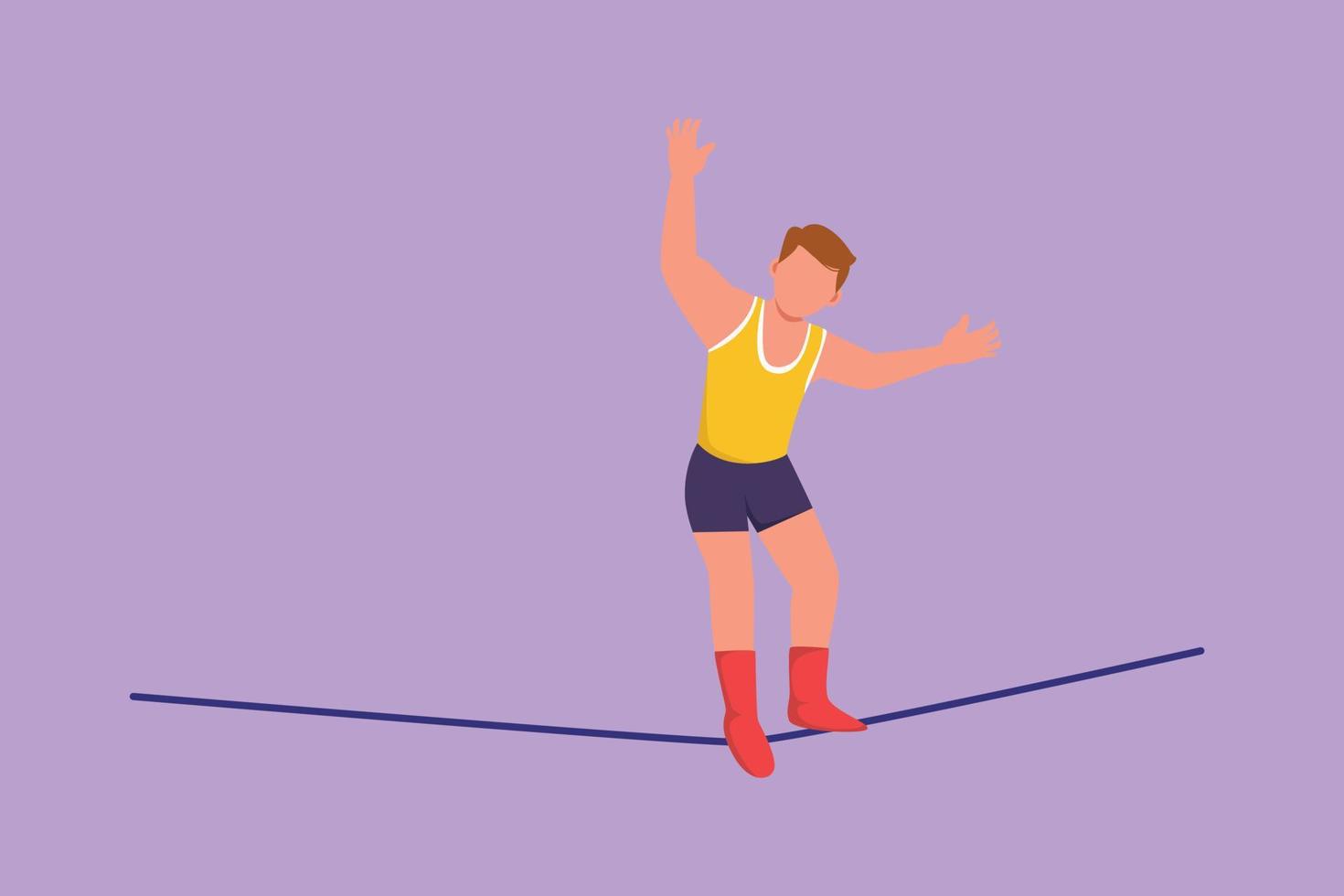 Graphic flat design drawing male acrobat walking on rope while dancing and raising his hand. Attraction requires courage and agility. Circus show event entertainment. Cartoon style vector illustration