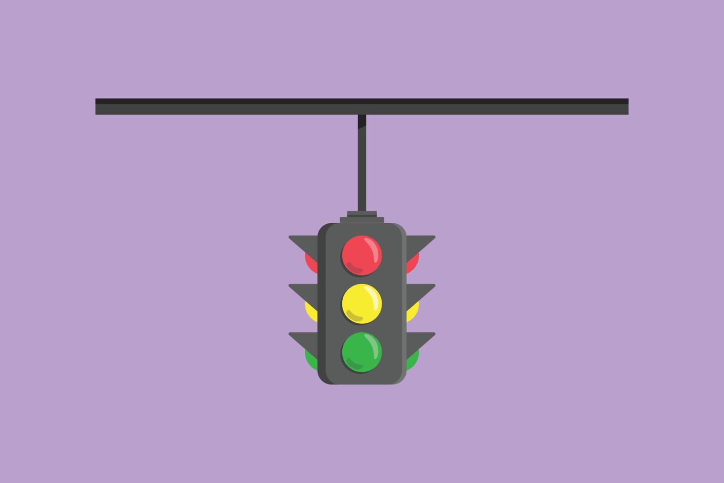 Cartoon flat style drawing traffic lights that are placed hanging above the highway crossing. There are four direction traffic lights. Red, yellow, green light sign. Graphic design vector illustration