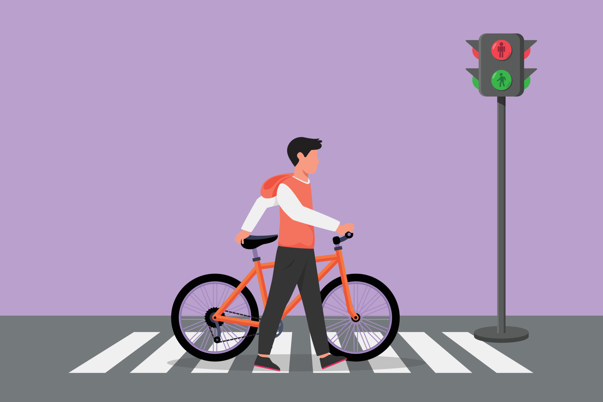 Cartoon flat style drawing of young man walking on a bicycle crossing the zebra crossing at crossroads. Cycling has become lifestyle for urban people. Healthy life. Graphic design vector illustration 15087789 Vector Cartoon flat style drawing of young man walking on a bicycle crossing the zebra crossing at crossroads. Cycling has become lifestyle for urban people. Healthy life. Graphic design vector illustration 15087789 Vector