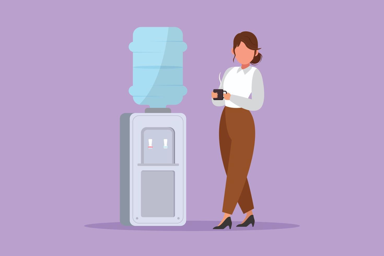 Graphic flat design drawing young businesswoman brew hot coffee in glass while standing next to water dispenser filled with gallons of water. Morning breakfast daily. Cartoon style vector illustration