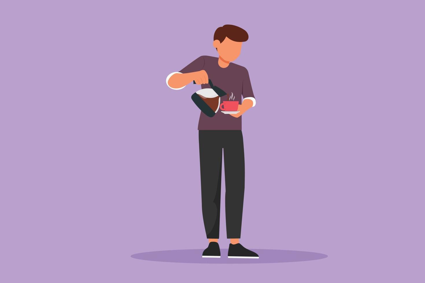 dibujo plano del personaje de un joven bebiendo café. hombre de pie y sirviendo café de la tetera en la taza. disfrutando el fin de semana de relax en casa. desayuno por la mañana todos los días. ilustración vectorial de diseño de dibujos animados vector