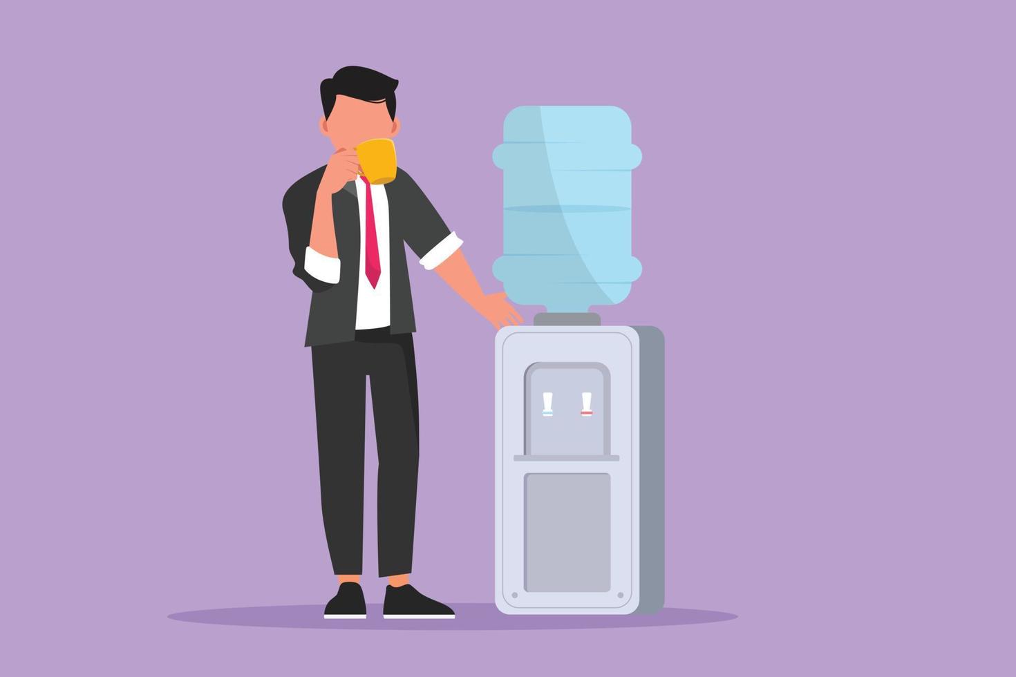 Character flat drawing young businessman drinking fresh water in a glass while standing next to water dispenser filled with gallons of water. Healthy and freshness. Cartoon design vector illustration