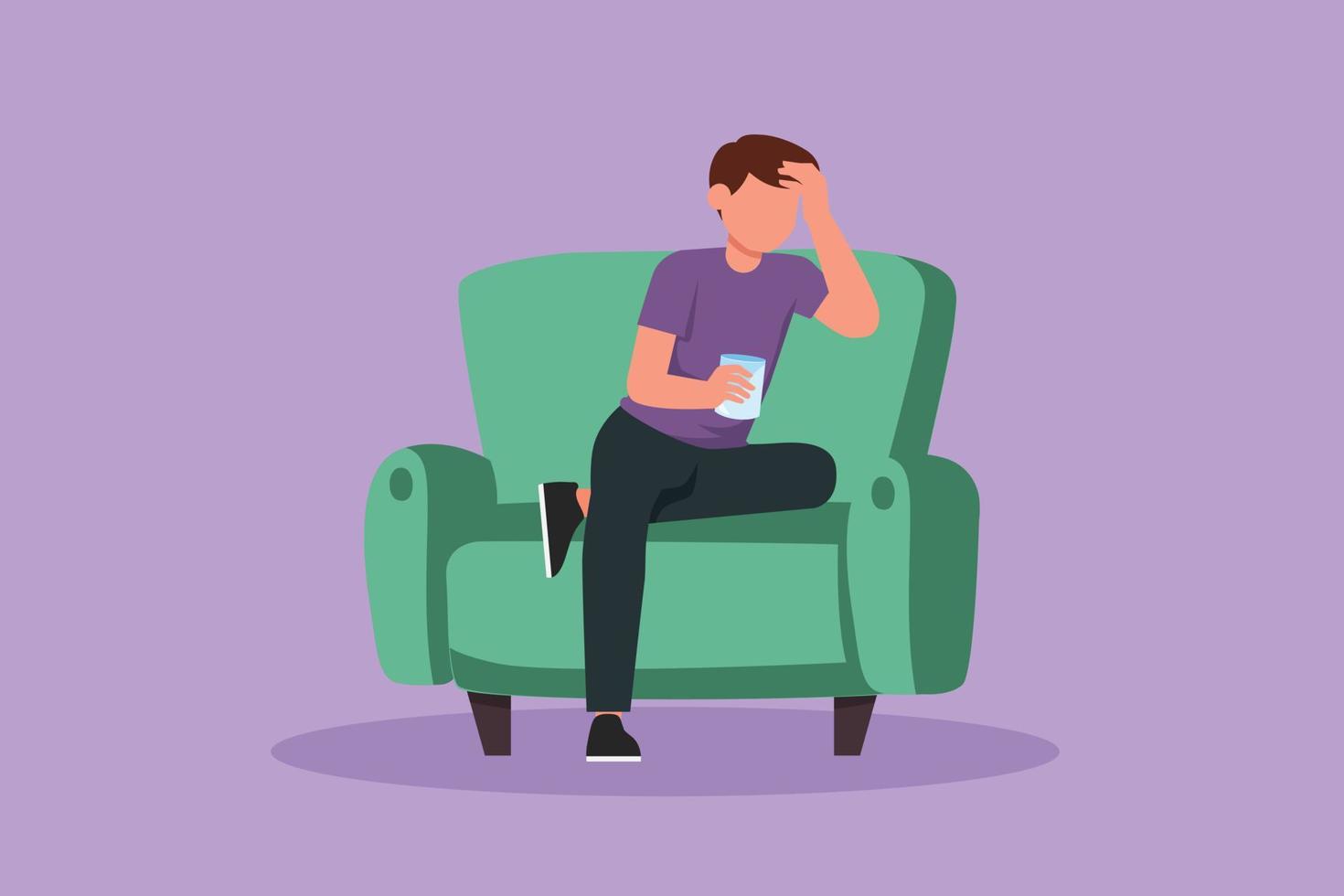 Graphic flat design drawing young man sitting on couch and resting, drinking tea. Male manager relaxing and holding a glass of coffee. Enjoying break time at office. Cartoon style vector illustration