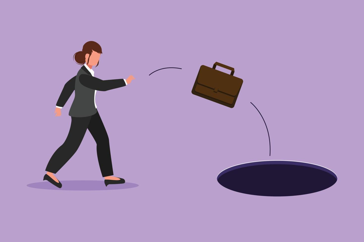 Cartoon flat style drawing businesswoman throws briefcase into hole. Failure to take advantage of business opportunities. Frustrated worker due to financial crisis. Graphic design vector illustration
