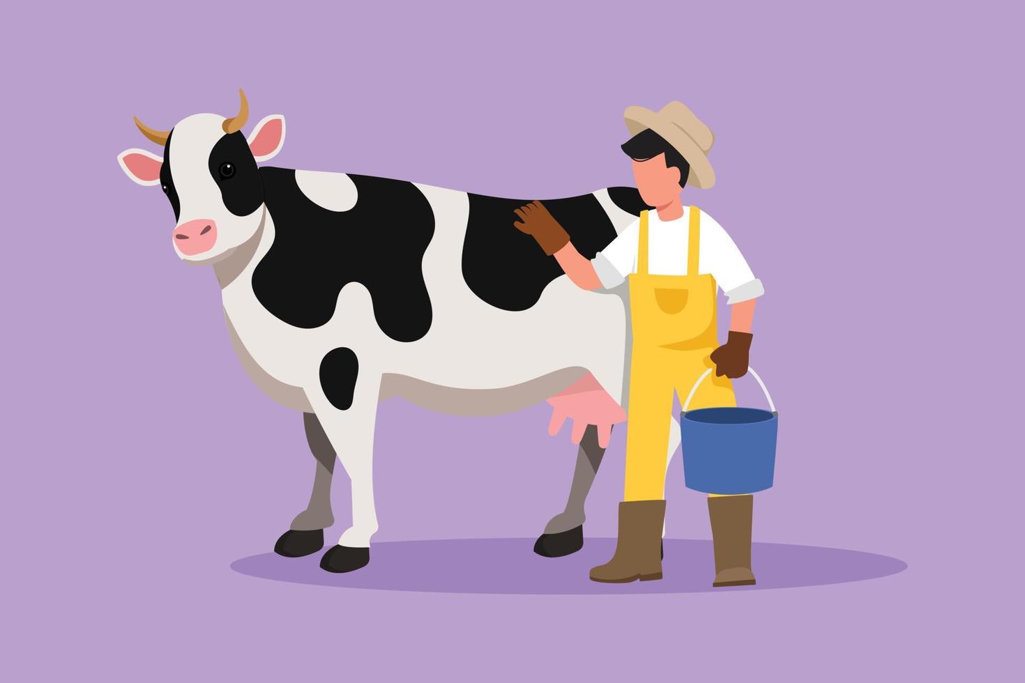 Cartoon flat style drawing male farmer character standing and rubbing the cow while carrying bucket of water. Man feeding farm animal. Successful farming activities. Graphic design vector illustration