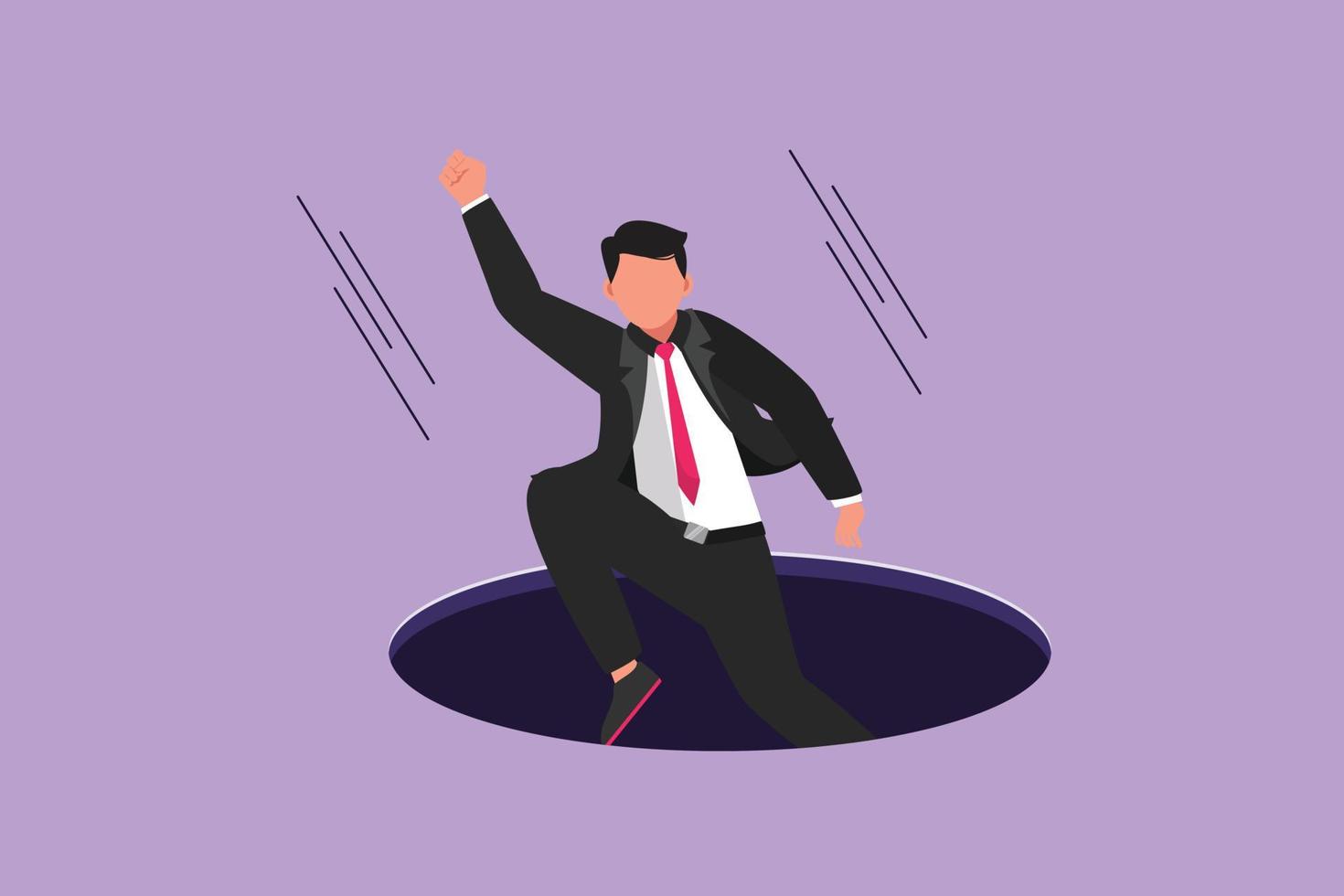 Character flat drawing businessman fell into manhole underground sewer. Manager fell sewer hatch. Depressed and business failure concept. Defeated worker metaphor. Cartoon design vector illustration