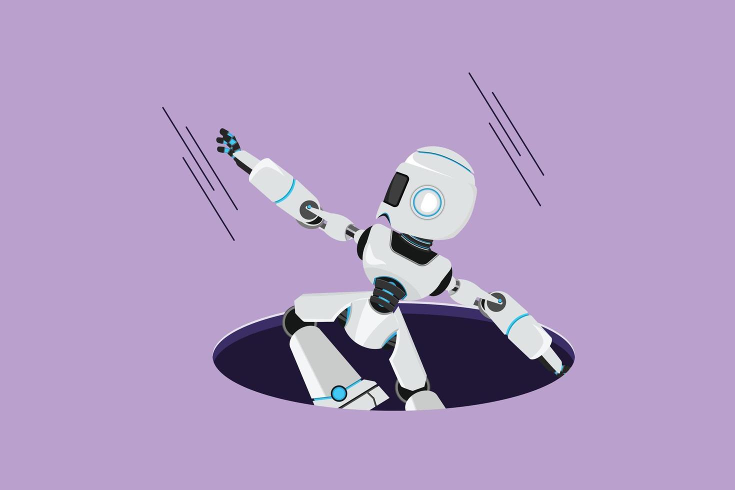 Graphic flat design drawing robot fell into manhole underground sewer. Tech business failure. Future technology development. Artificial intelligence machine learning. Cartoon style vector illustration