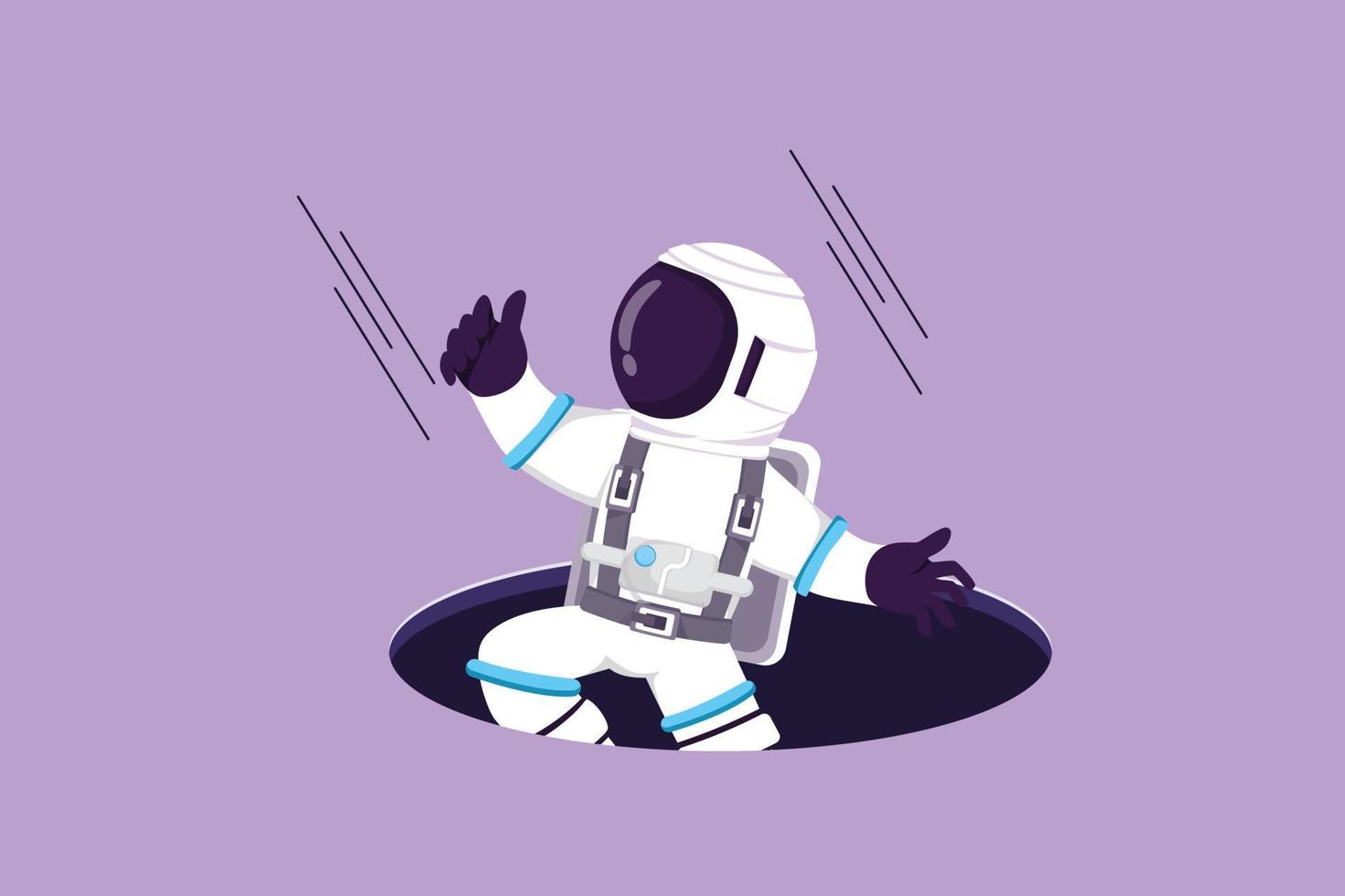 Graphic flat design drawing young astronaut fell into manhole underground sewer in moon surface. Depressed spaceman due to exploration failure. Cosmic galaxy space. Cartoon style vector illustration