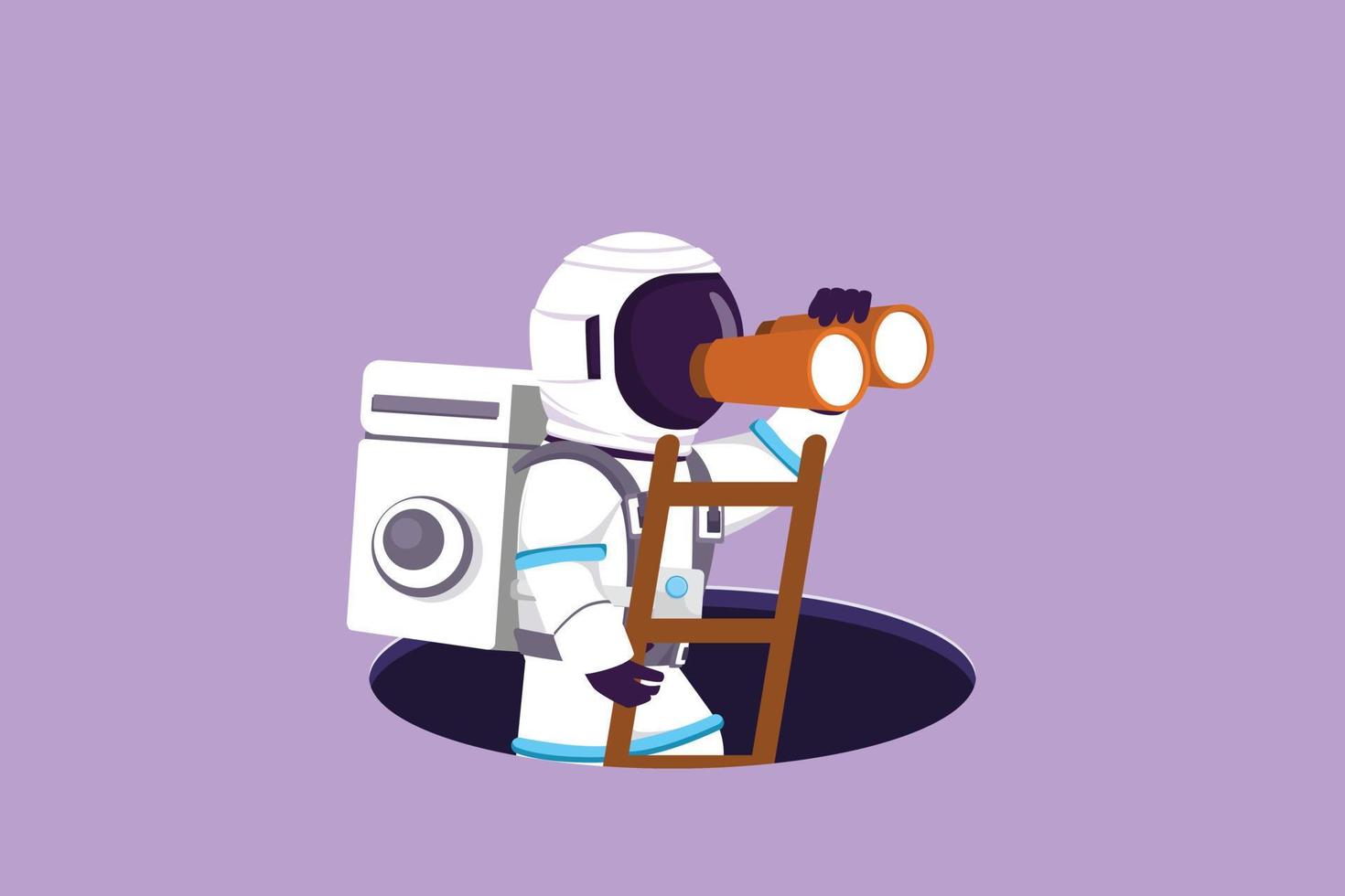 Cartoon flat style drawing young astronaut climbs out of hole by ladder and using binocular in moon surface. Looking for opportunity. Cosmonaut deep space concept. Graphic design vector illustration