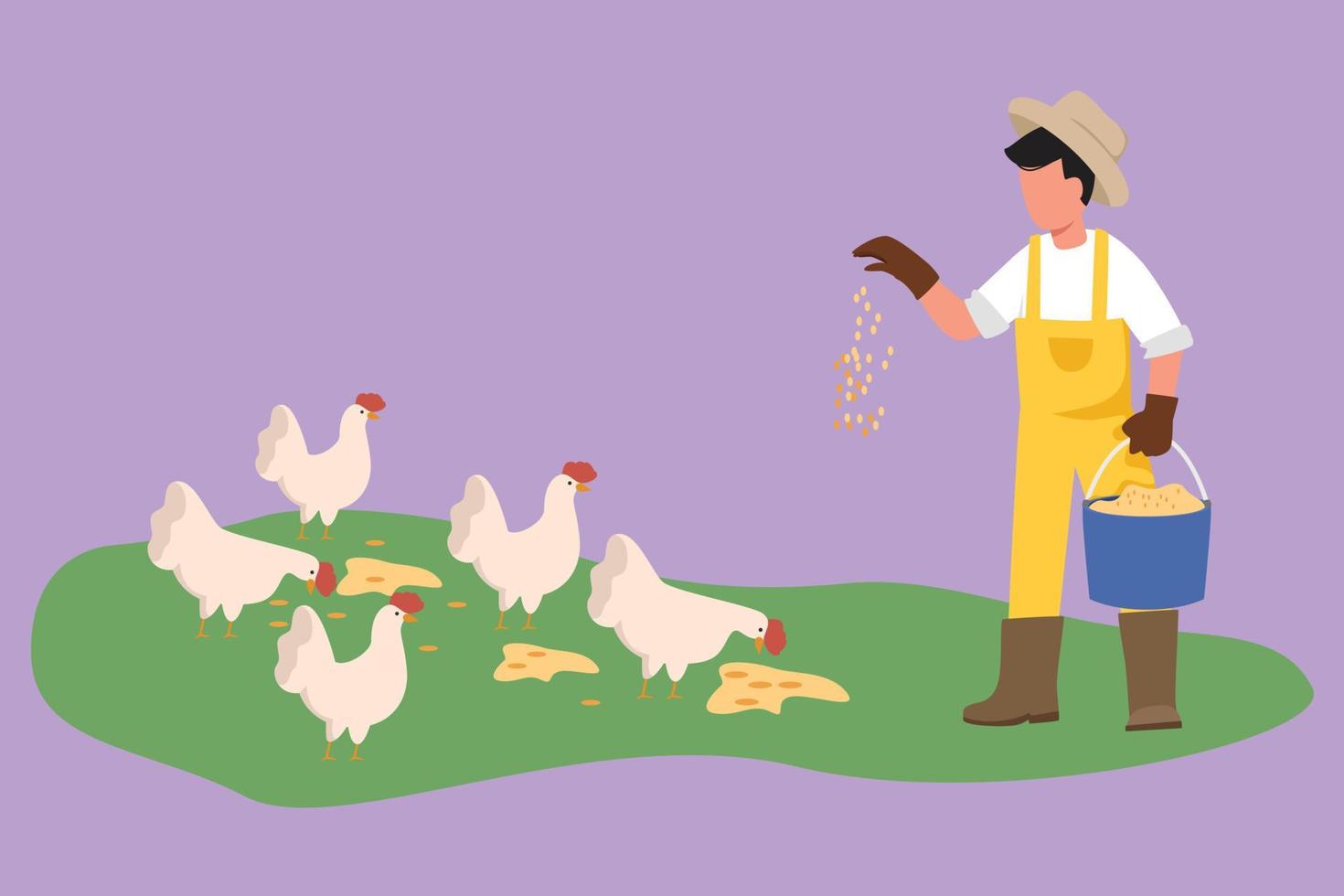 Character flat drawing young male farmer holding bucket of seed and feeding chickens and hens. Countryside farming. Rural scene with agricultural worker and poultry. Cartoon design vector illustration