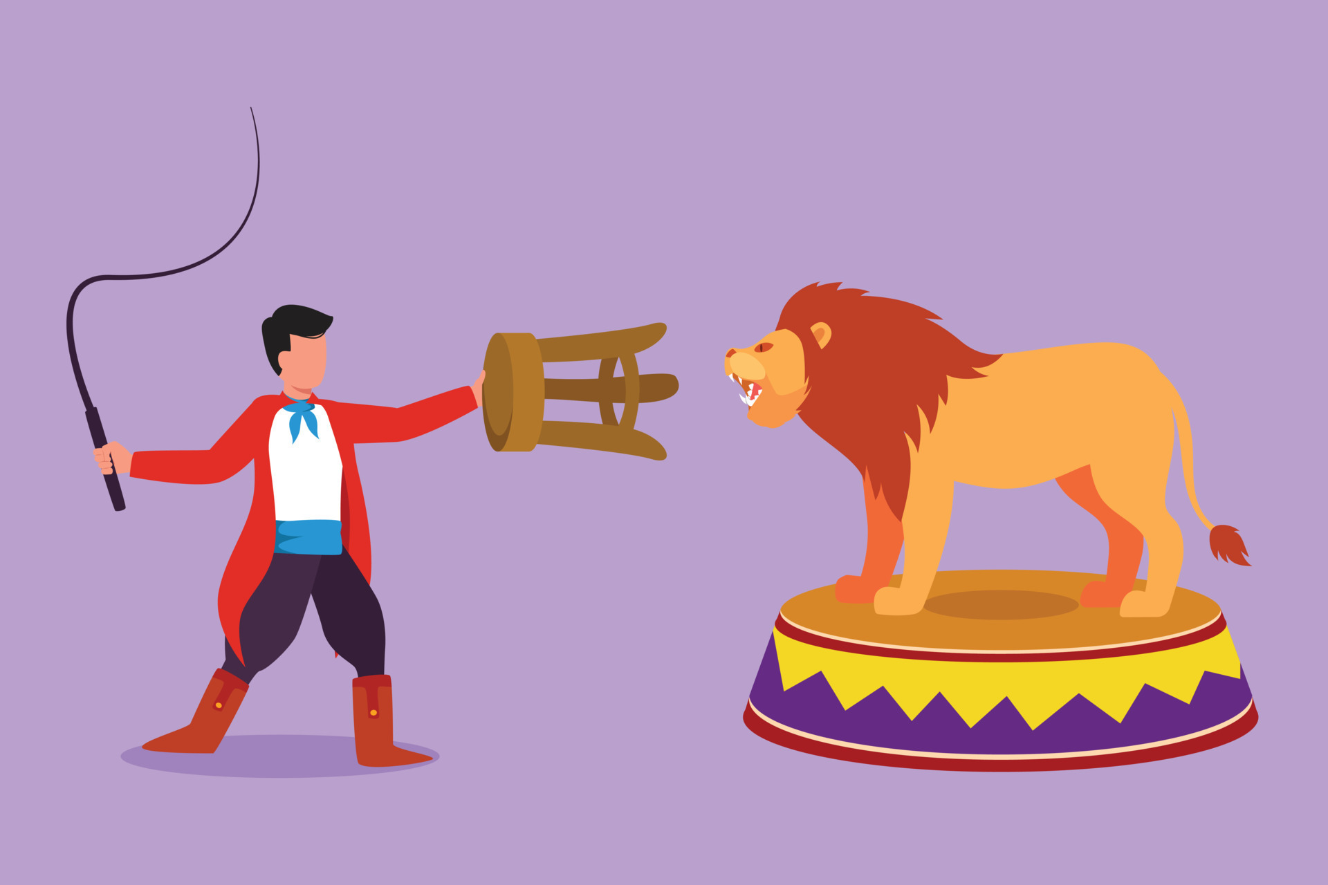 Graphic flat design drawing beast lion standing on circus stage and pulling  chair with his trainer. Circus performance that makes audience tense. Animal  show event. Cartoon style vector illustration 15087820 Vector Art