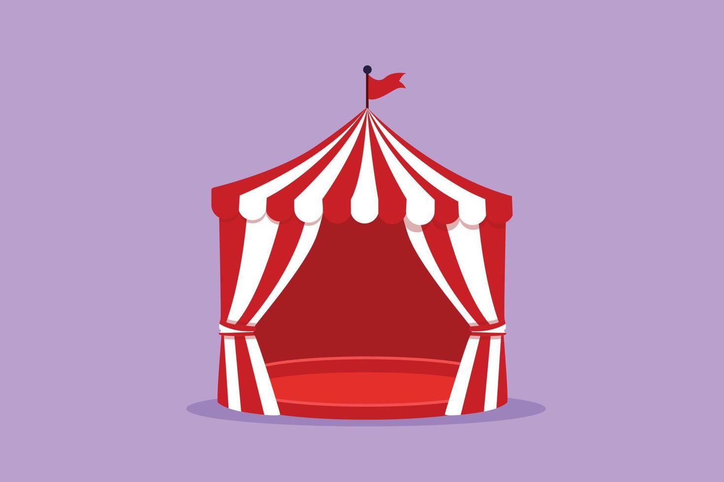 Graphic flat design drawing circus tent shaped like pentagon with stripes and flag on top. Where clowns, magicians, animals perform. Success business entertainment. Cartoon style vector illustration