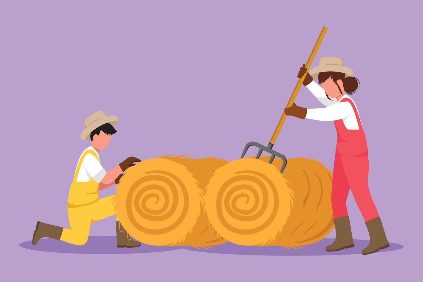 Graphic flat design drawing of female farmer was stabbing a haystack and rolling it with straw stick and the male farmer was helping her. Livestock worker activities. Cartoon style vector illustration