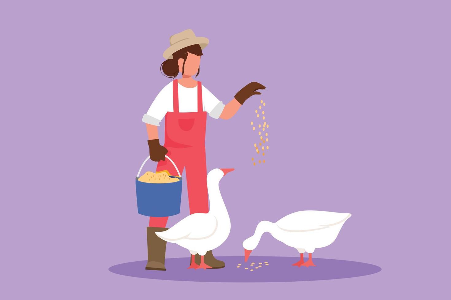 personaje plano dibujo feliz agricultora alimentando gansos o patos para estar sanos, producir mejores huevos y carne. cultivo de campo. trabajador agrícola rural, aves de corral. ilustración vectorial de diseño de dibujos animados vector