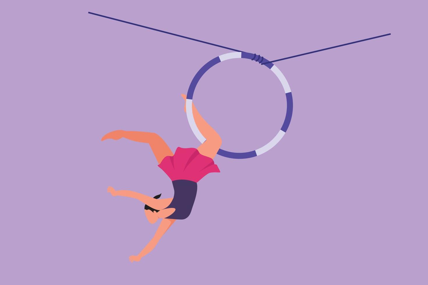 Cartoon flat style drawing young female acrobatic who performs on aerial hoop while dancing with one leg hanging and her head down. Circus show event entertainment. Graphic design vector illustration