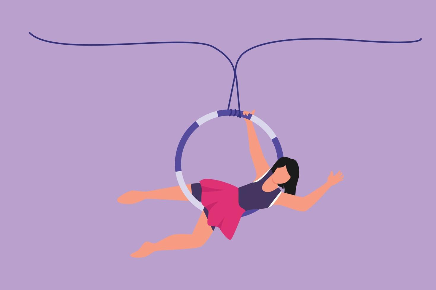 Cartoon flat style drawing young female acrobat who performs on an aerial hoop by hanging on to one hand and straightening her body. Circus show event entertainment. Graphic design vector illustration