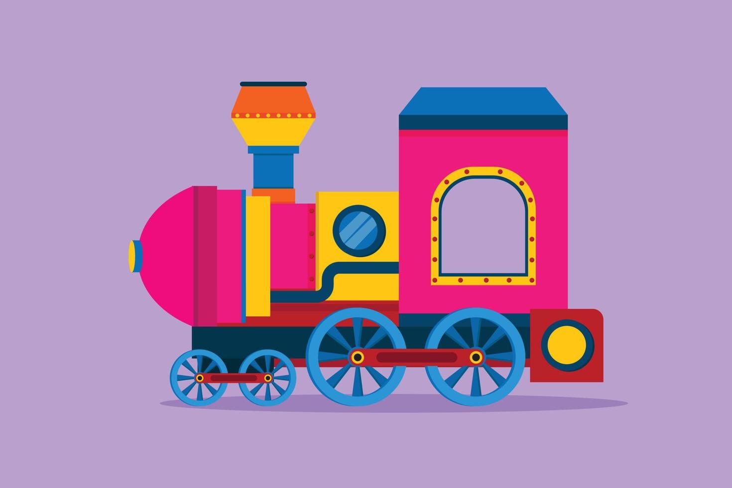 dibujo plano de carácter de locomotora de tren de juguete de colores en forma de sistema de vapor itinerante en un parque de atracciones para transportar pasajeros. recuerdos felices de la infancia. ilustración vectorial de diseño de dibujos animados vector