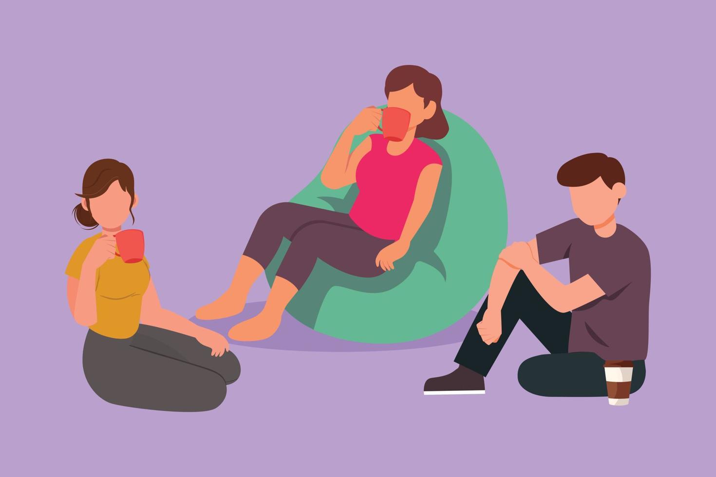 Graphic flat design drawing woman, man talking relaxing in home living room or office waiting lounge. Friends sitting drinking at dormitory hall with sofa, arm chair. Cartoon style vector illustration
