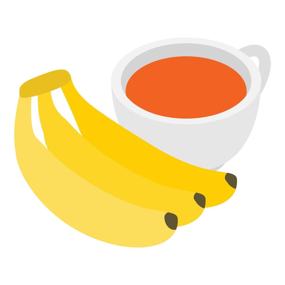 Lunch time icon isometric vector. Bunch of yellow ripe banana and cup of tea vector