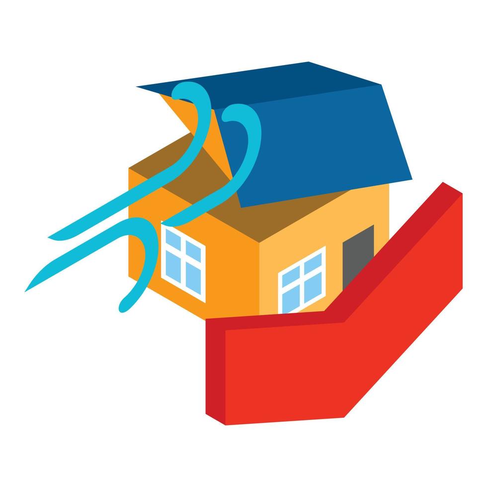 Strong wind icon isometric vector. High wind blows roof of residential building vector