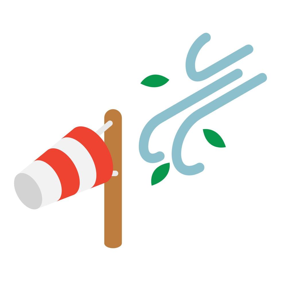 Windy weather icon isometric vector. Striped windsock gust of wind carrying leaf vector