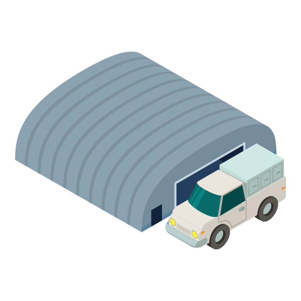 Cargo transportation icon isometric vector. Cargo van near a large garage icon vector