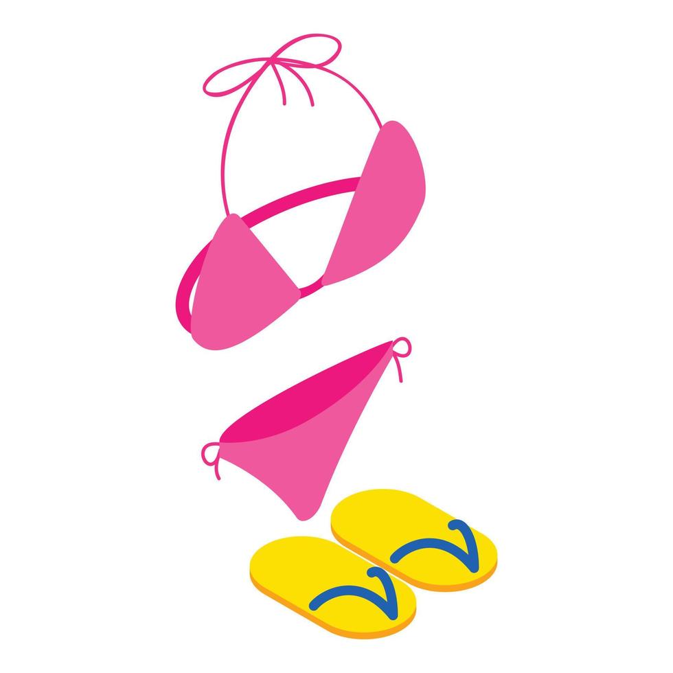 Sea holiday icon isometric vector. Women bright pink swimsuit and beach slippers vector