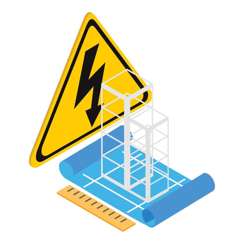 Building project icon isometric vector. Building structure and high voltage sign vector