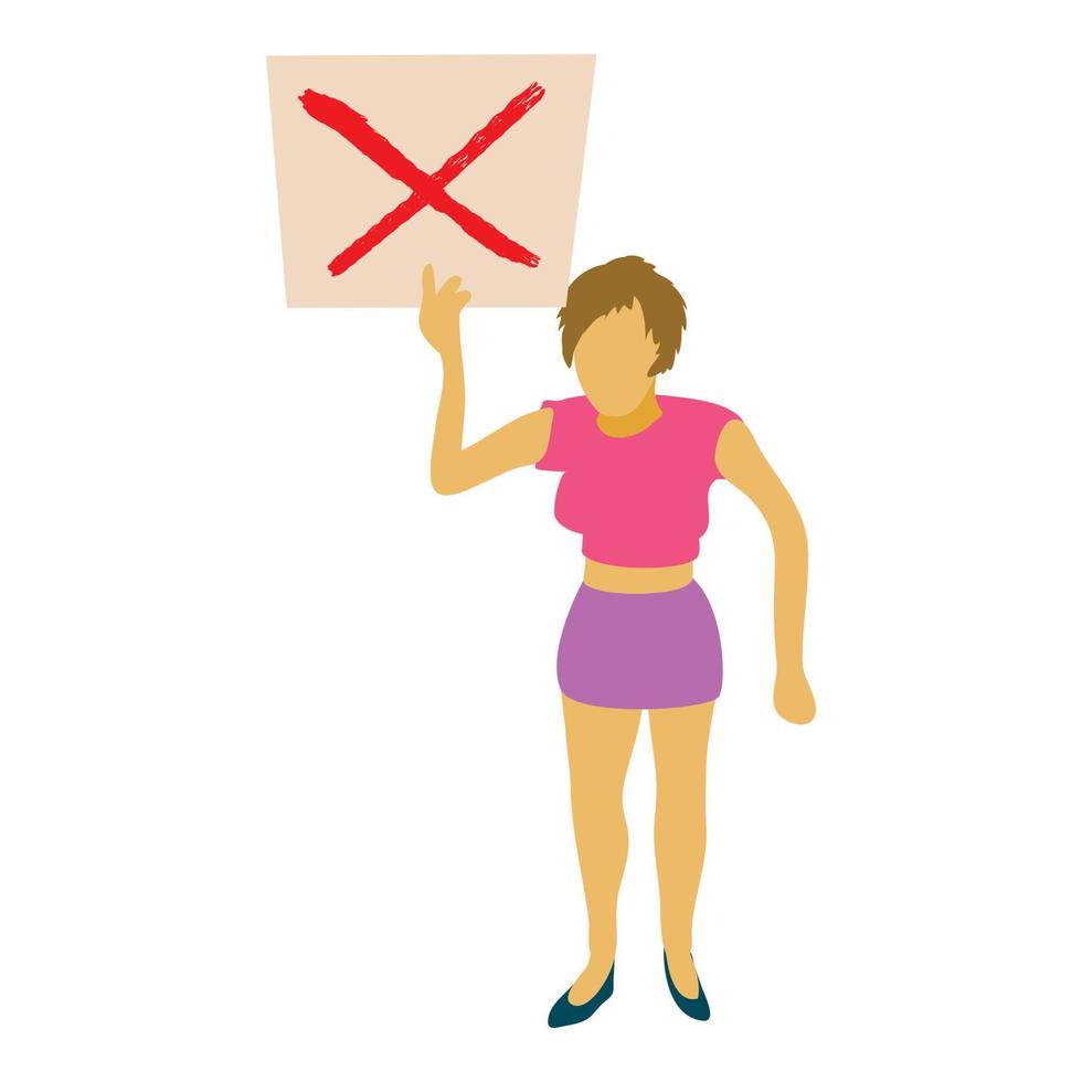 mujer protesta con icono de signo, estilo de dibujos animados vector