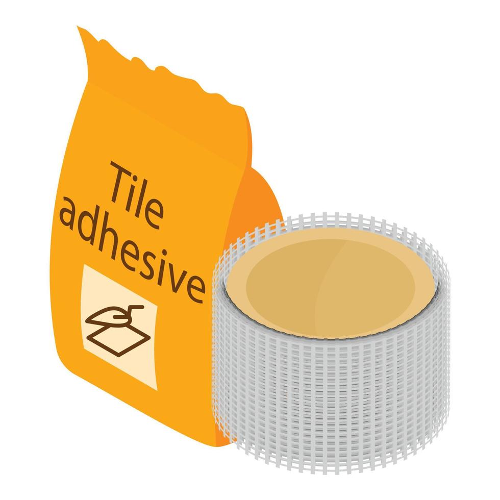 Construction material icon isometric vector. Tile adhesive and construction mesh vector
